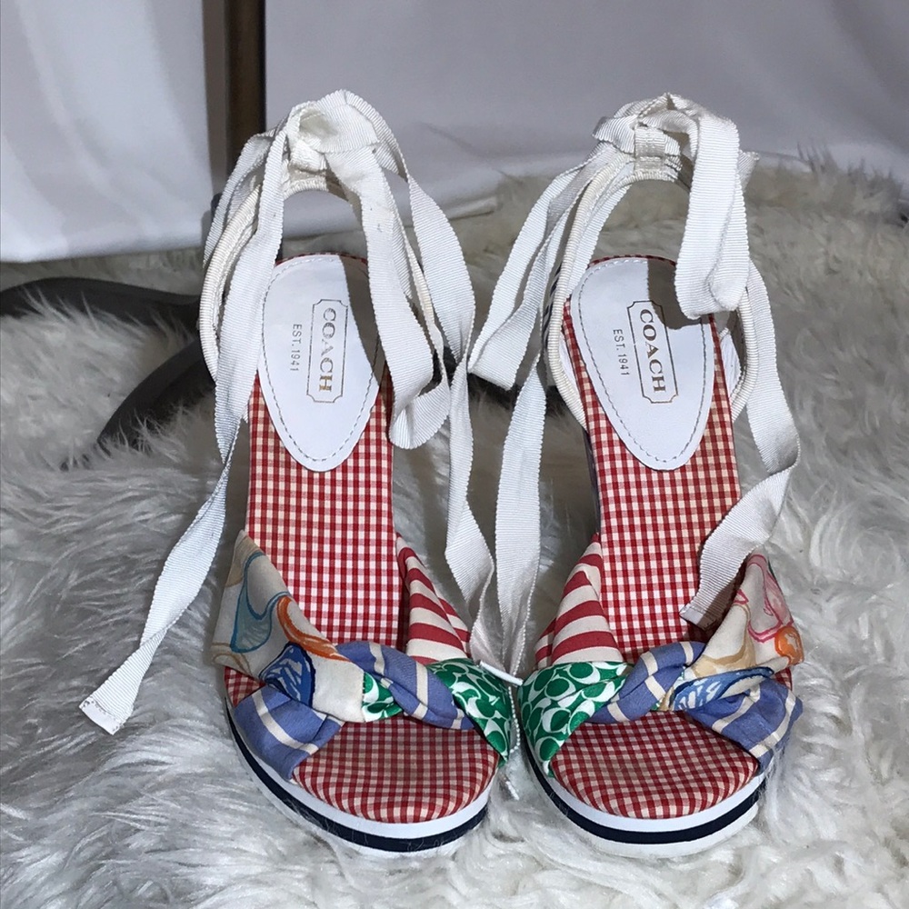 Coach Tammie Wedges Womens 7 1/2M  A8018 Open Toe Ribbon Tie Strap - Picture 2 of 11